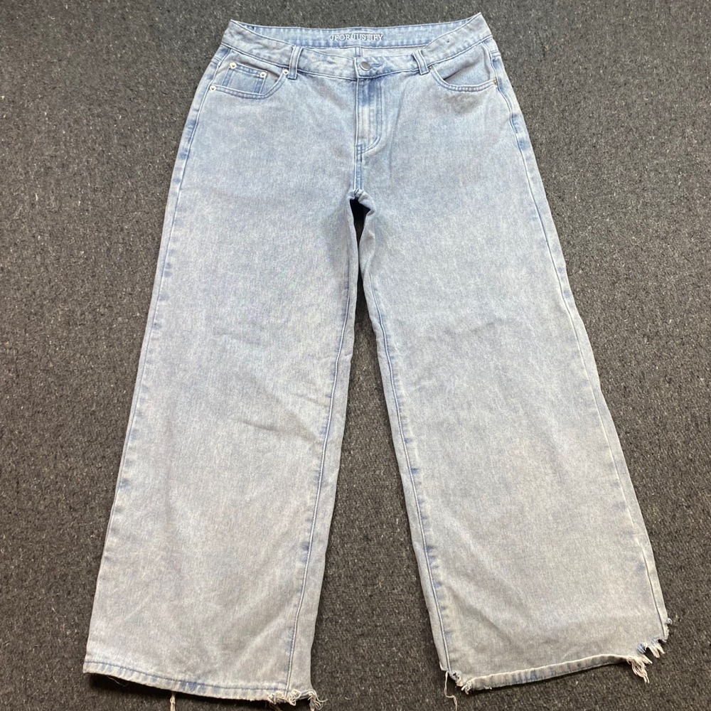 J For Justify Wide Leg Jeans Sz L Womens Light Blue Grunge Distressed Raw Hem
